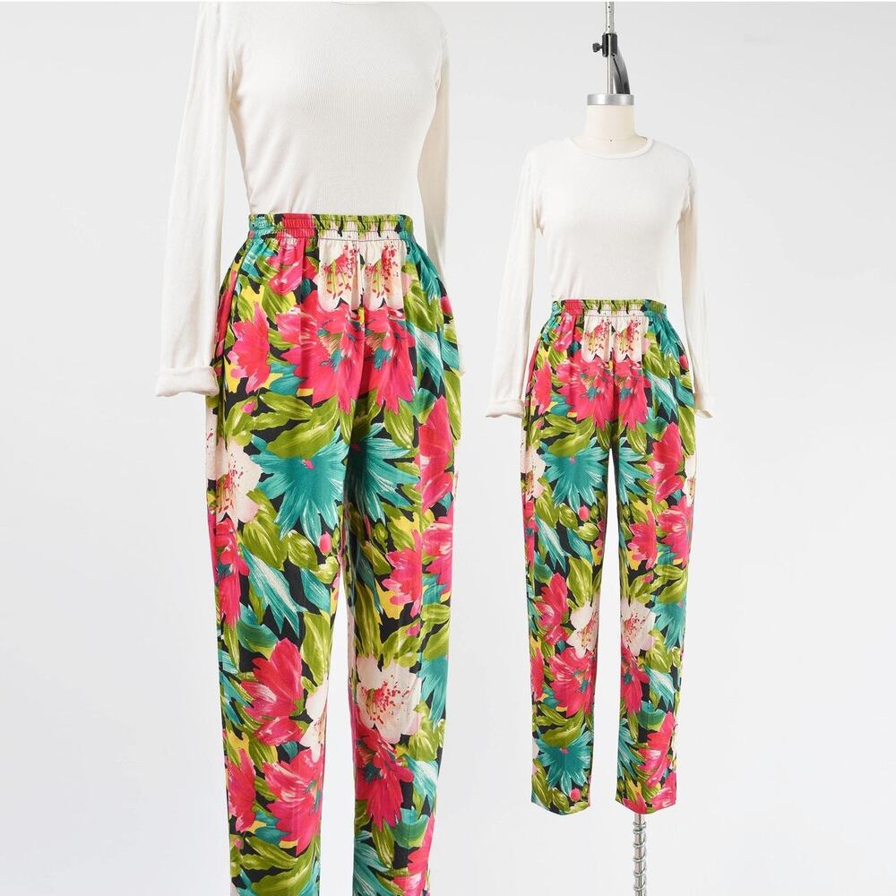 Vintage 90s Tropical Floral Pants High Waisted Tapered Leg Trousers XS Small